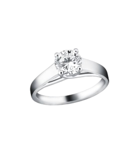 Engagement ring with a round-cut diamond set in a silver band on a black background.