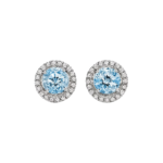 Pair of round blue gemstone stud earrings surrounded by a diamond halo on a black background, sparkling.