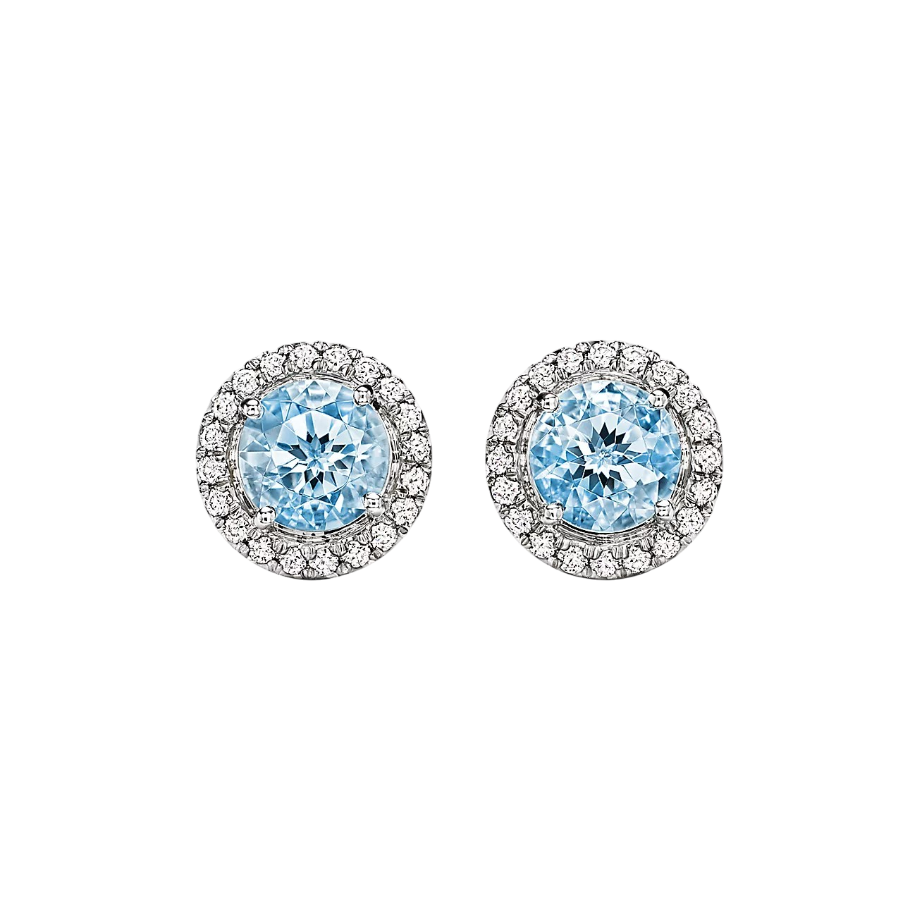 Pair of round blue gemstone stud earrings surrounded by a diamond halo on a black background, sparkling.