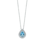 Teardrop blue gemstone pendant surrounded by diamonds on a silver chain