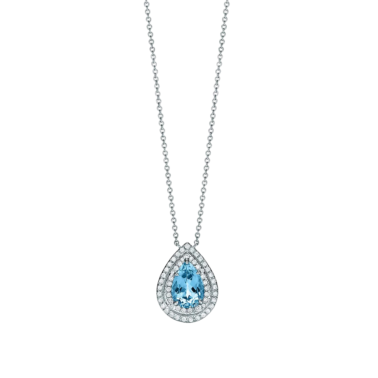 Teardrop blue gemstone pendant surrounded by diamonds on a silver chain