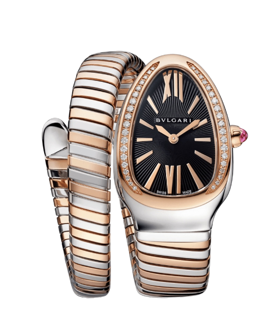 Bulgari women's luxury watch with black dial, diamond-encrusted rose-gold bezel, and a two-tone coiled bracelet.