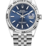 Rolex Oyster Perpetual Datejust wristwatch with blue dial and date display at 3 o'clock, silver bezel and Jubilee bracelet.