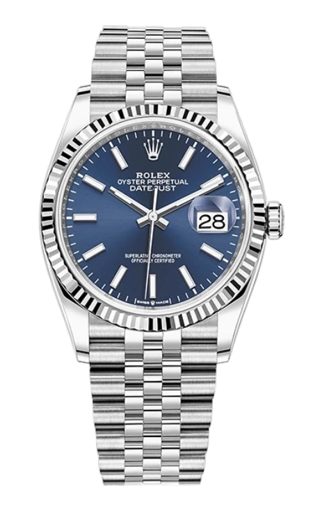 Rolex Oyster Perpetual Datejust wristwatch with blue dial and date display at 3 o'clock, silver bezel and Jubilee bracelet.