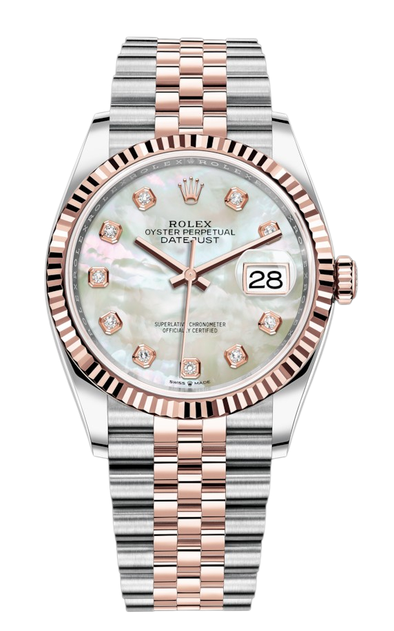 Rolex Oyster Perpetual Datejust watch with a two-tone rose gold and steel bracelet, fluted bezel, and diamond hour markers on a mother-of-pearl dial.
