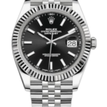 Rolex Datejust stainless steel watch with black dial, fluted bezel, and date window at 3 o'clock.
