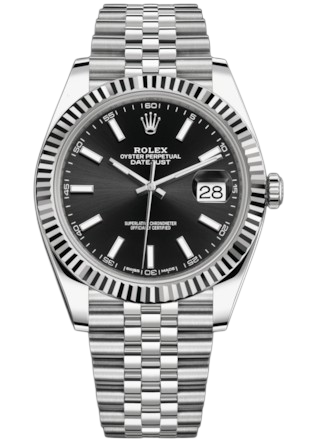 Rolex Datejust stainless steel watch with black dial, fluted bezel, and date window at 3 o'clock.