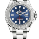 Rolex Yacht-Master stainless steel watch with a blue dial, date window at 3, and a rotating bezel.