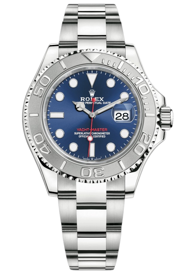 Rolex Yacht-Master stainless steel watch with a blue dial, date window at 3, and a rotating bezel.