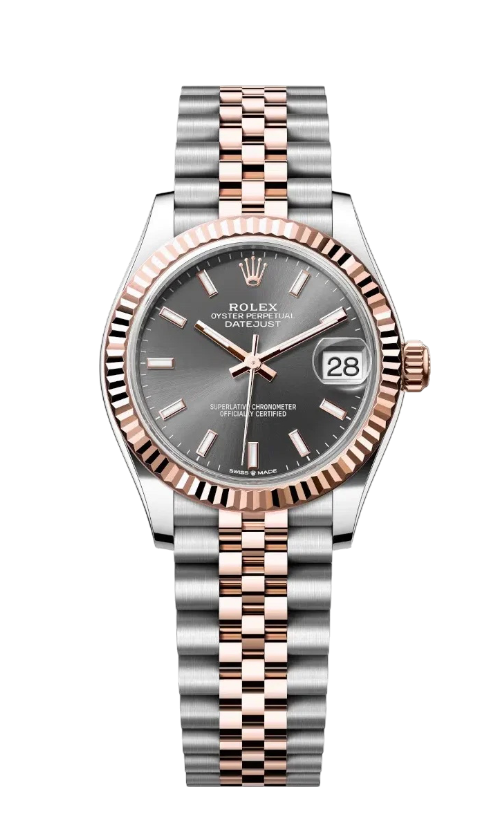 Rolex Datejust watch with gray dial, two-tone rose gold and stainless steel bracelet, fluted rose-gold bezel, date window at 3 o'clock against a black background