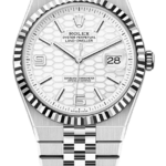 Rolex Oyster Perpetual Land-Dweller watch with white honeycomb dial, date at 3, fluted bezel, and stainless steel Jubilee bracelet.