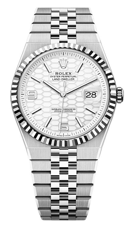 Rolex Oyster Perpetual Land-Dweller watch with white honeycomb dial, date at 3, fluted bezel, and stainless steel Jubilee bracelet.