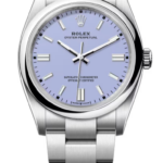 Stainless steel Rolex Oyster Perpetual watch with a lavender dial and brushed bracelet on a black background.