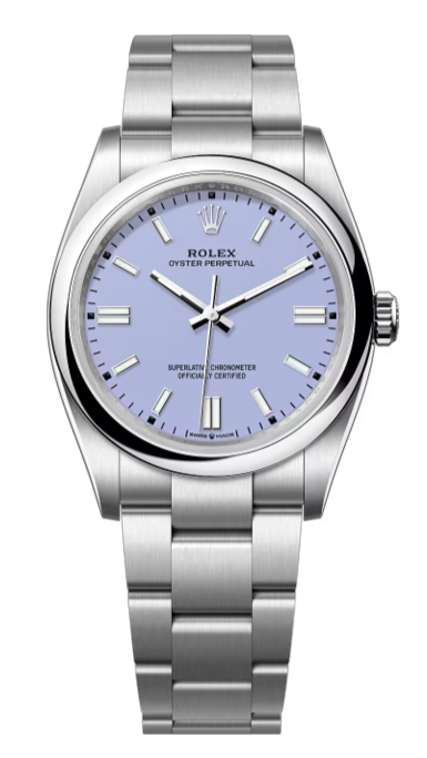 Stainless steel Rolex Oyster Perpetual watch with a lavender dial and brushed bracelet on a black background.