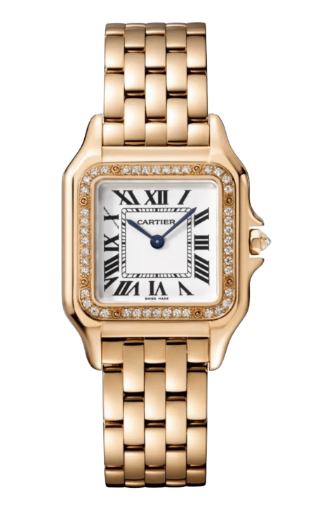 Gold Cartier wristwatch with a diamond-studded bezel and white Roman numeral dial.