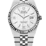 Silver Rolex wristwatch with a fluted bezel, Jubilee bracelet, white patterned dial, and date window at 3 o'clock.