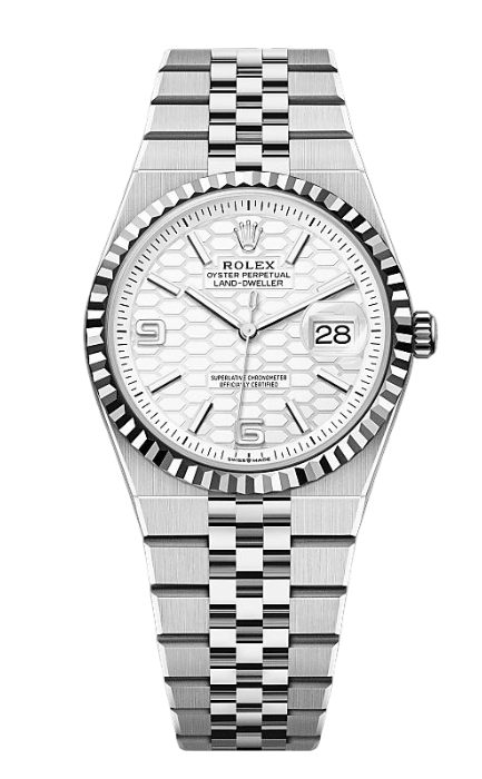 Silver Rolex wristwatch with a fluted bezel, Jubilee bracelet, white patterned dial, and date window at 3 o'clock.