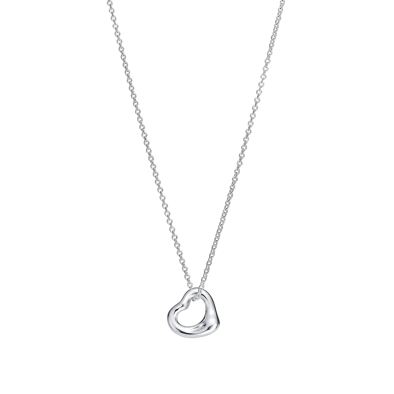 Silver heart-shaped pendant on a delicate chain against a black background