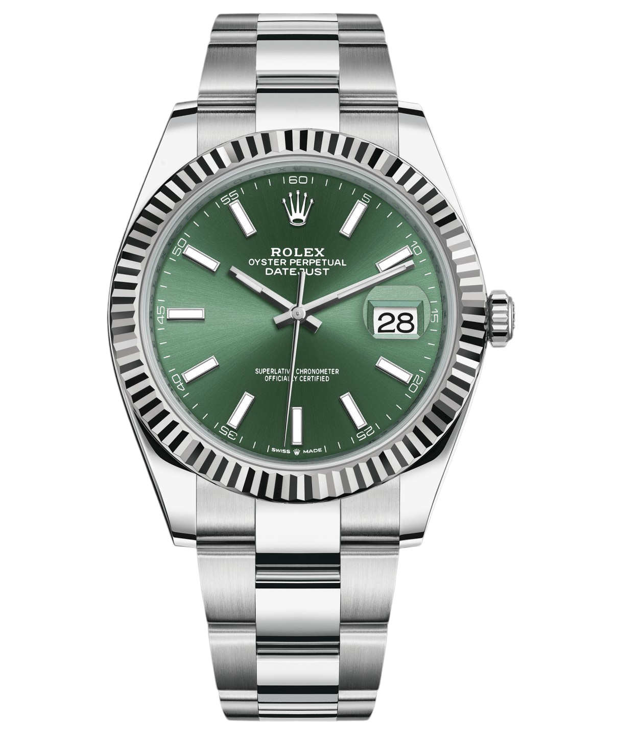 Close-up of a Rolex Datejust stainless steel watch with a green dial, fluted bezel, and date window at 3 o'clock.