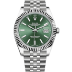 Rolex Oyster Perpetual Datejust stainless steel watch with a green dial and date display at 3 o'clock, flare-bezel, Jubilee bracelet.