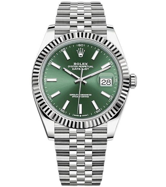 Rolex Oyster Perpetual Datejust stainless steel watch with a green dial and date display at 3 o'clock, flare-bezel, Jubilee bracelet.