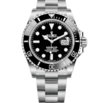 Rolex Submariner stainless steel watch with black dial, rotating bezel, and date window magnifier at 3 o'clock.