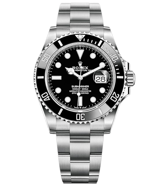 Rolex Submariner stainless steel watch with black dial, rotating bezel, and date window magnifier at 3 o'clock.