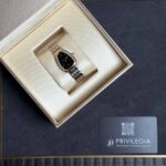 Two-tone wristwatch with a black dial placed in a cream jewelry box, next to a Privilege card in a black sleeve.