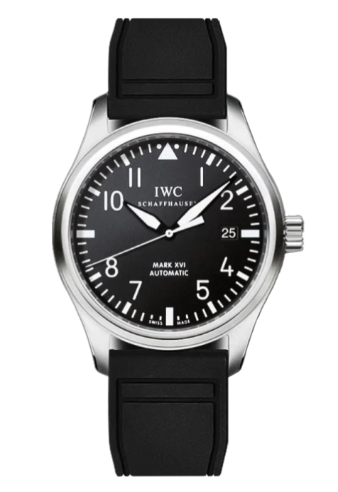 IWC pilot watch with black dial, white numerals, and stainless steel case on a black rubber strap showing date at 3 o'clock