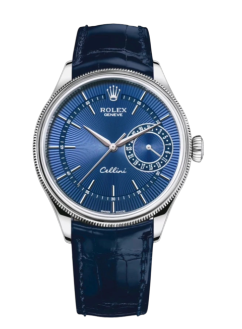 Blue dial Rolex Cellini wristwatch with a silver case and blue leather strap, showing a date subdial on the right and slim baton hour markers.