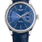 Rolex Cellini blue dial wristwatch with silver case and blue leather strap on black background
