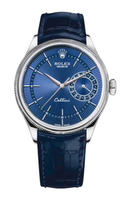 Rolex Cellini blue dial wristwatch with silver case and blue leather strap on black background