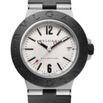 Bulgari Aluminium watch with cream dial, black bezel engraved BVLGARI, date window at 3 o'clock, and black strap.