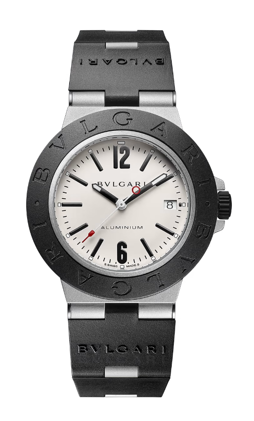 Bulgari Aluminium watch with cream dial, black bezel engraved BVLGARI, date window at 3 o'clock, and black strap.