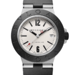 Bulgari aluminum wristwatch with white dial, black BVLGARI-bezel, date window at 3, and a black strap.