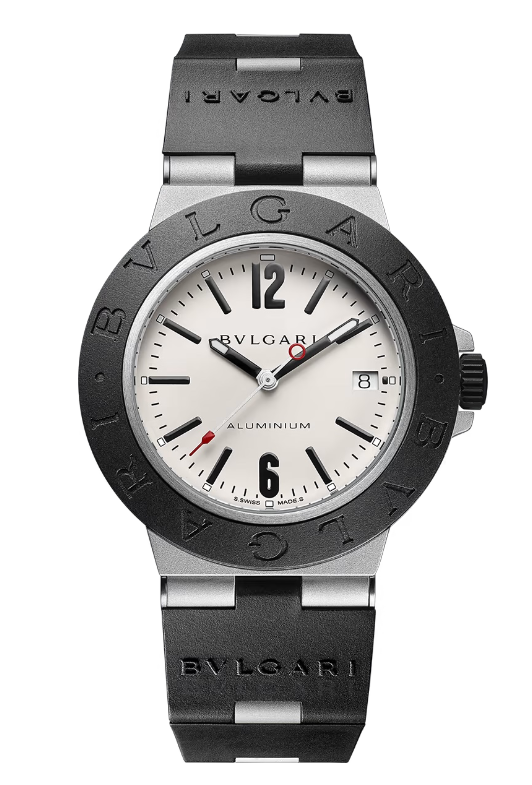 Bulgari aluminum wristwatch with white dial, black BVLGARI-bezel, date window at 3, and a black strap.
