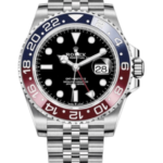 Rolex GMT-Master II watch with blue‑red bezel, black dial, luminous markers, and a Jubilee bracelet on a black background (date window shows 28).