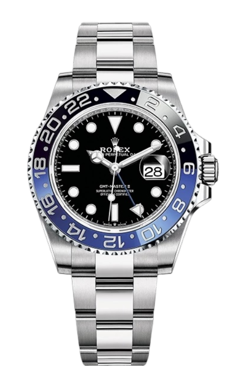 Rolex GMT‑Master II with black dial, blue and black bezel, and stainless steel bracelet showing the date at 3 o'clock with magnifier.