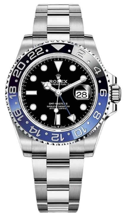 Rolex GMT‑Master II with black dial, blue and black bezel, and stainless steel bracelet showing the date at 3 o'clock with magnifier.