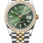 Rolex Datejust two-tone watch with a green dial, diamond bezel, and steel-and-gold bracelet showing date 28.