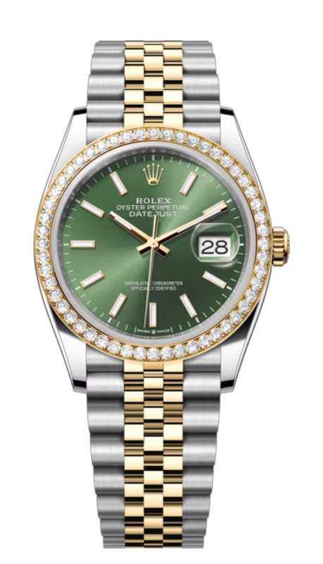 Rolex Datejust two-tone watch with a green dial, diamond bezel, and steel-and-gold bracelet showing date 28.