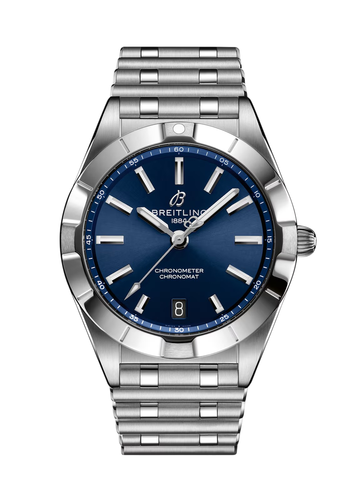 Close-up of a Breitling stainless steel wristwatch with a blue dial, silver indices, and date window at 6 o'clock on a black background.