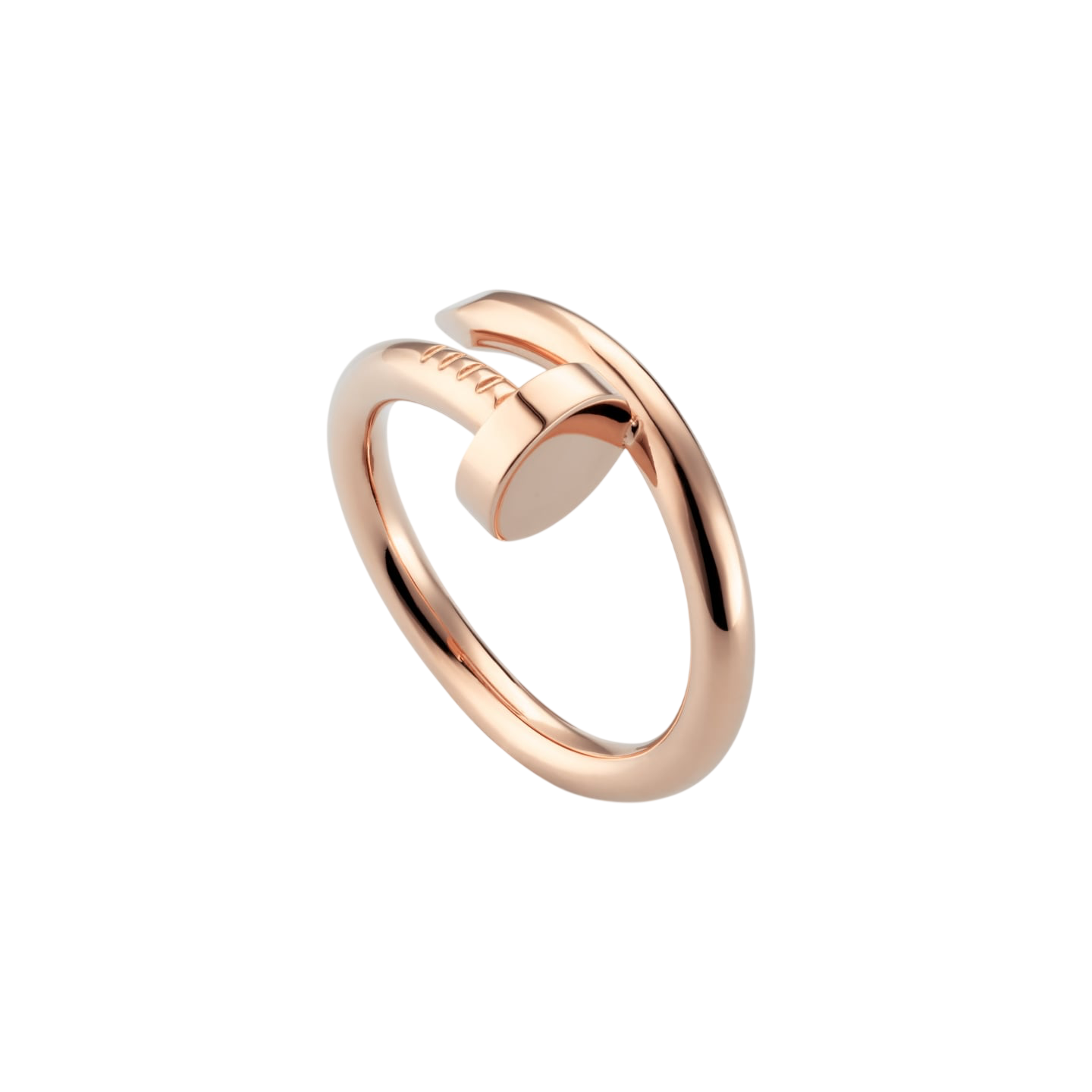 Rose-gold open ring with a curved wrap design and a smooth, polished finish against a black background