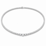 Diamond tennis bracelet in a silver-tone setting with a continuous row of round-cut diamonds and a clasp. Note: If used as a decorative image in a jewelry catalog, describe the key feature: a continuous diamond line with a secure clasp.