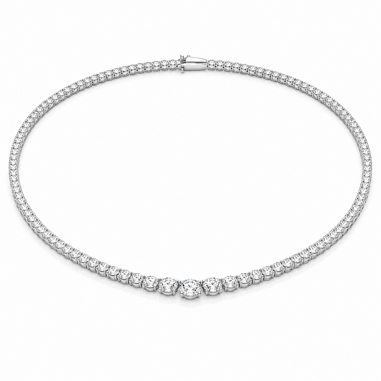 Diamond tennis bracelet in a silver-tone setting with a continuous row of round-cut diamonds and a clasp. Note: If used as a decorative image in a jewelry catalog, describe the key feature: a continuous diamond line with a secure clasp.