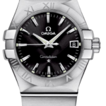 Omega Constellation stainless steel watch with black dial and date window at 3 o'clock, Roman numeral bezel, and brushed bracelet.