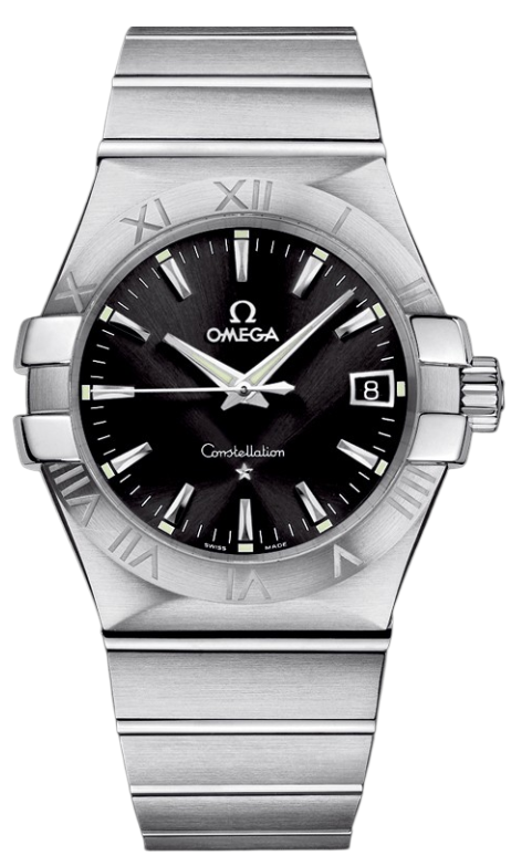 Omega Constellation stainless steel watch with black dial and date window at 3 o'clock, Roman numeral bezel, and brushed bracelet.