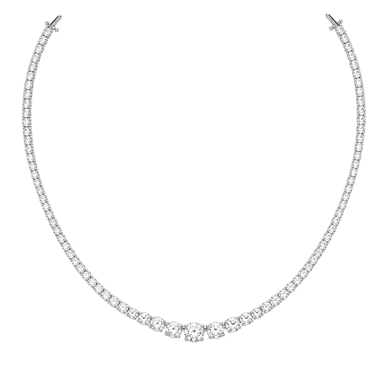 Diamond tennis bracelet with pavé-set diamonds along a curved metal band and secure clasp ends