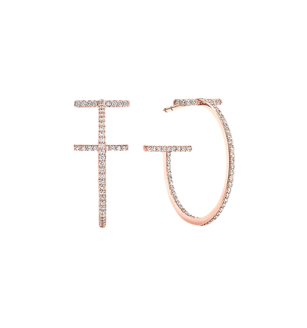 Rose gold, diamond-studded hoop earring with the letters I and F formed by diamonds