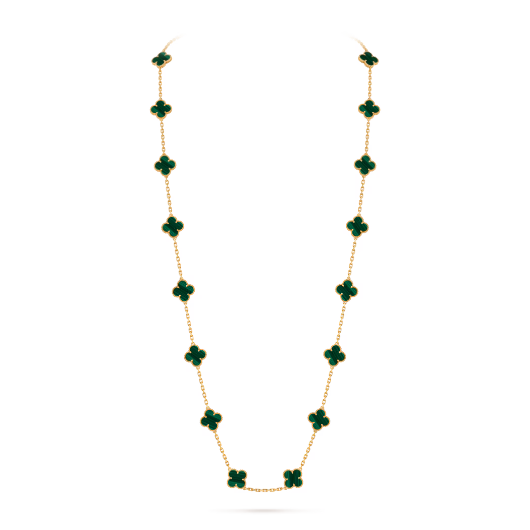 Gold chain necklace adorned with evenly spaced green four-leaf clover charms.